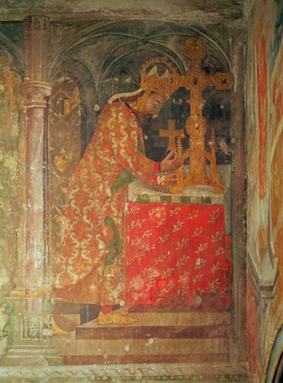 Der Heilige Römische Kaiser Karl IV. legt die Reliquie des Dorns aus der Krone Christi in ein Reliquiar, aus der Kapelle Unserer Lieben Frau, 1357-60 von Nikolaus Wurmser